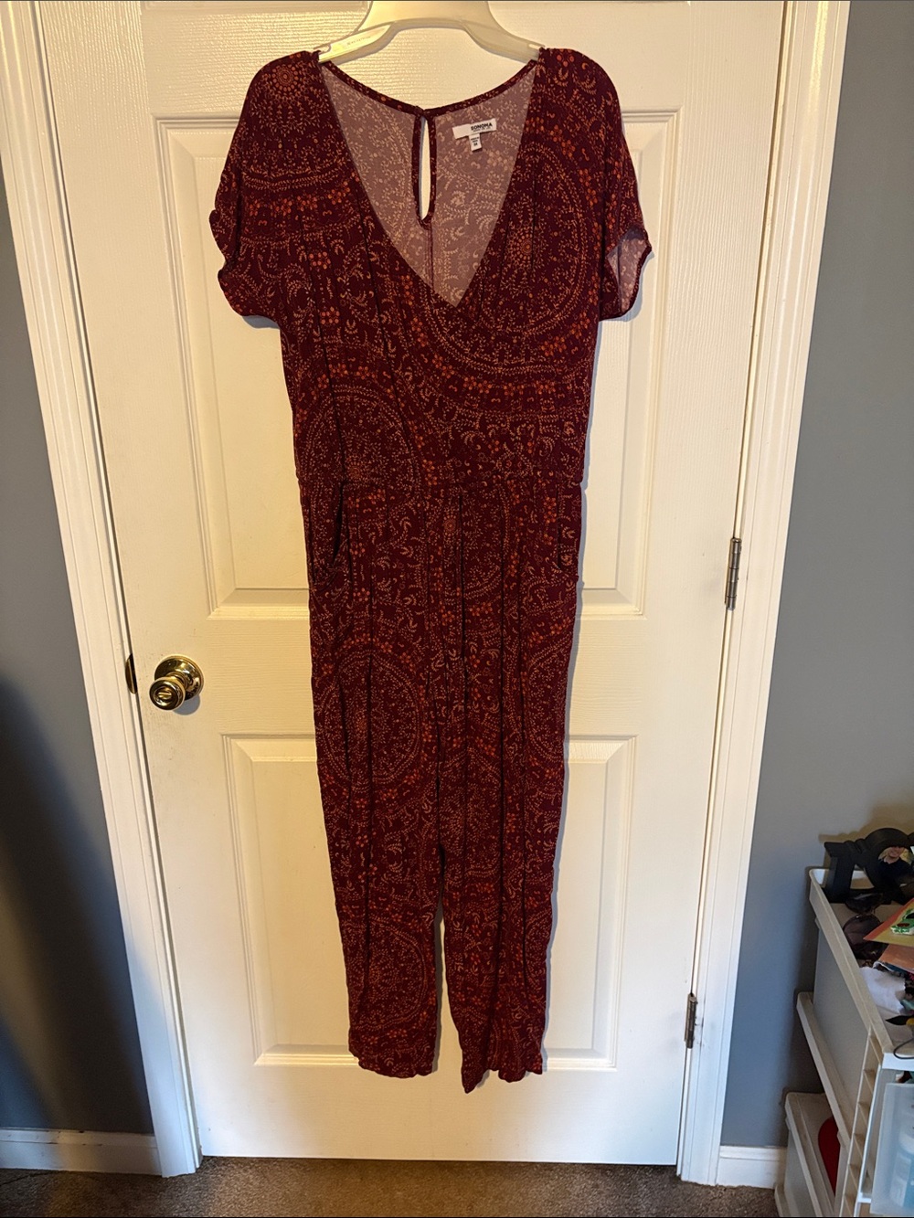 Sonoma Maroon Paisley Short-Sleeve Jumpsuit